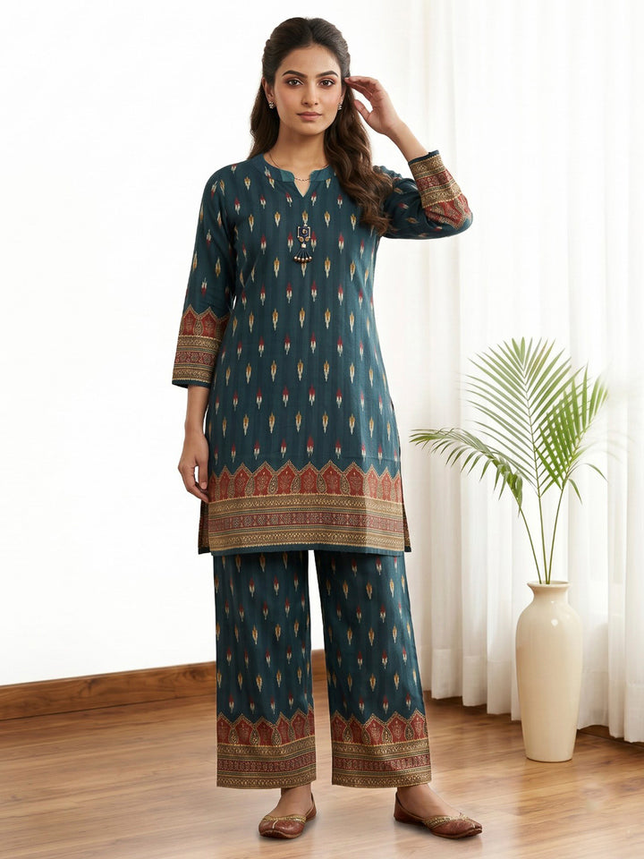 Blue Embroidered Cotton Blend Kurta Set