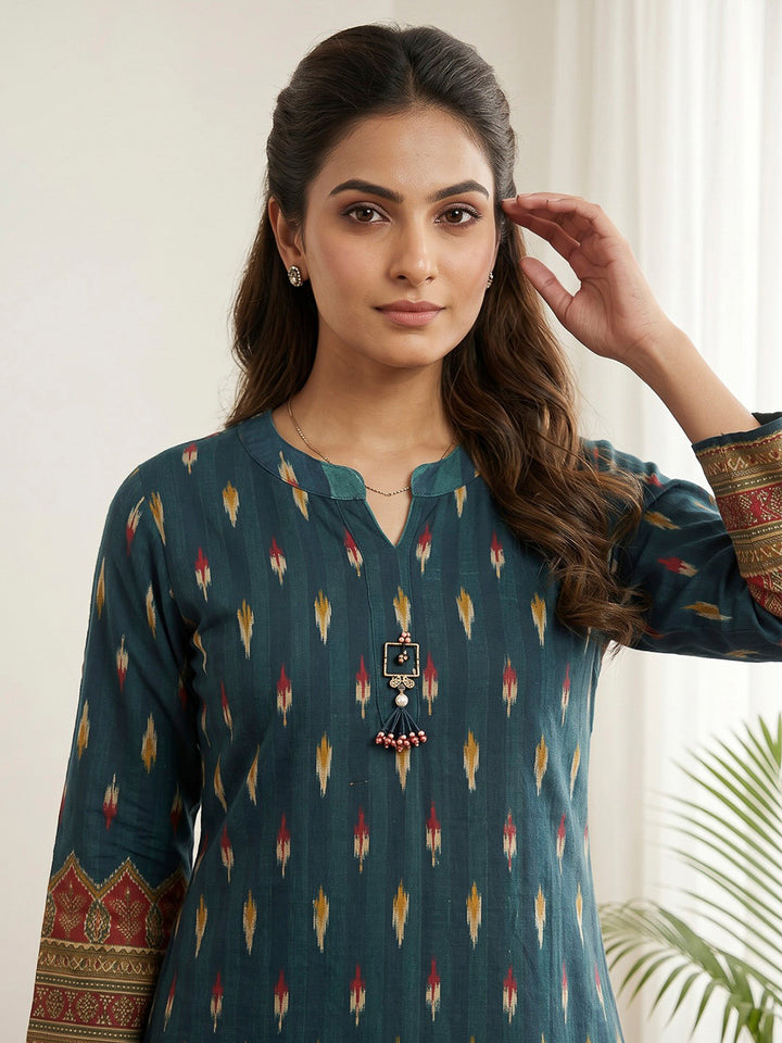 Blue Embroidered Cotton Blend Kurta Set