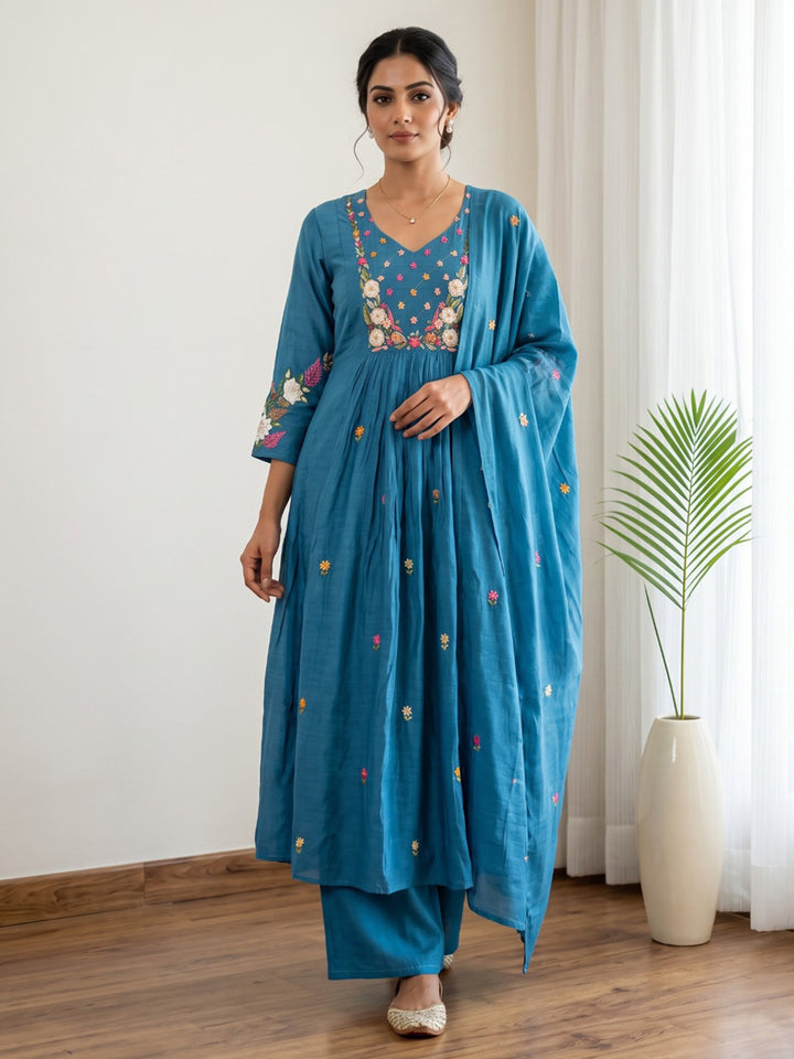 Blue Printed Chanderi Kurta With Pant &amp; Dupatta