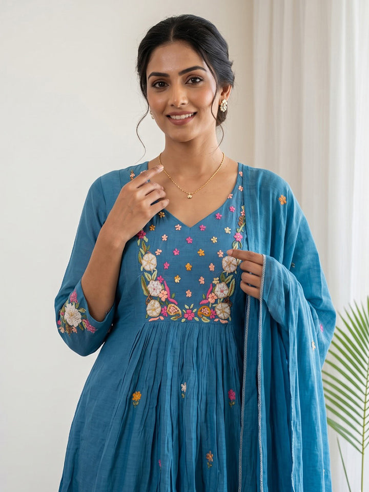 Blue Printed Chanderi Kurta With Pant &amp; Dupatta