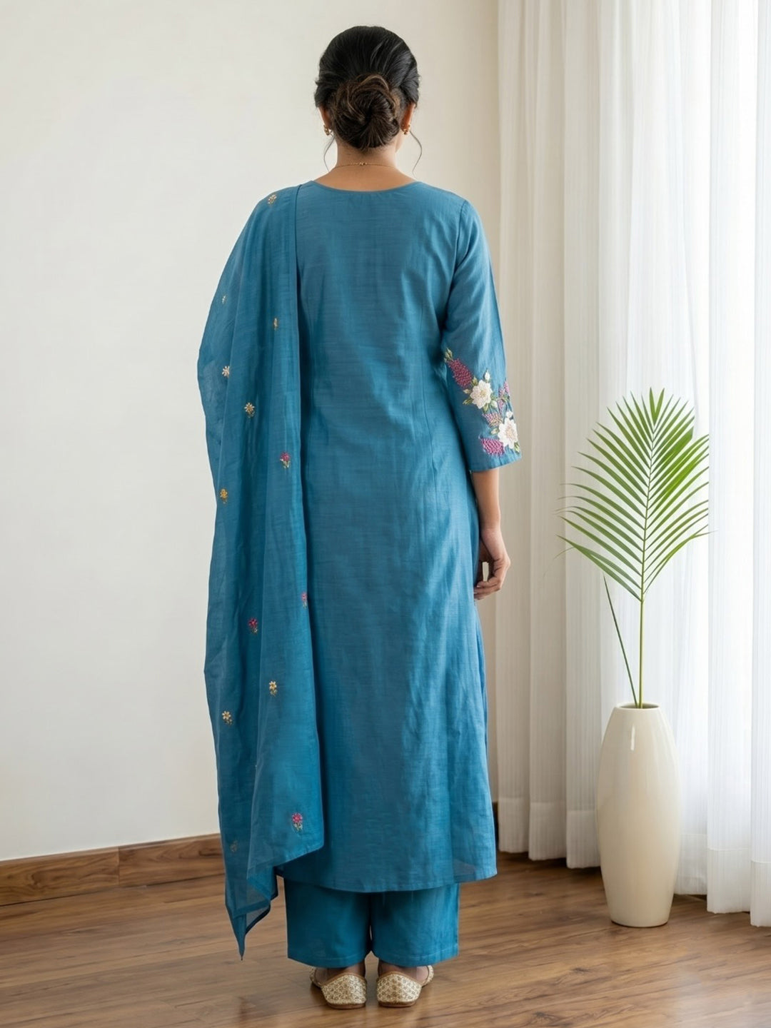 Blue Printed Chanderi Kurta With Pant &amp; Dupatta