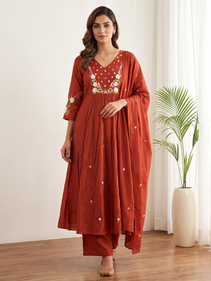 Maroon Printed Chanderi Kurta With Pant &amp; Dupatta
