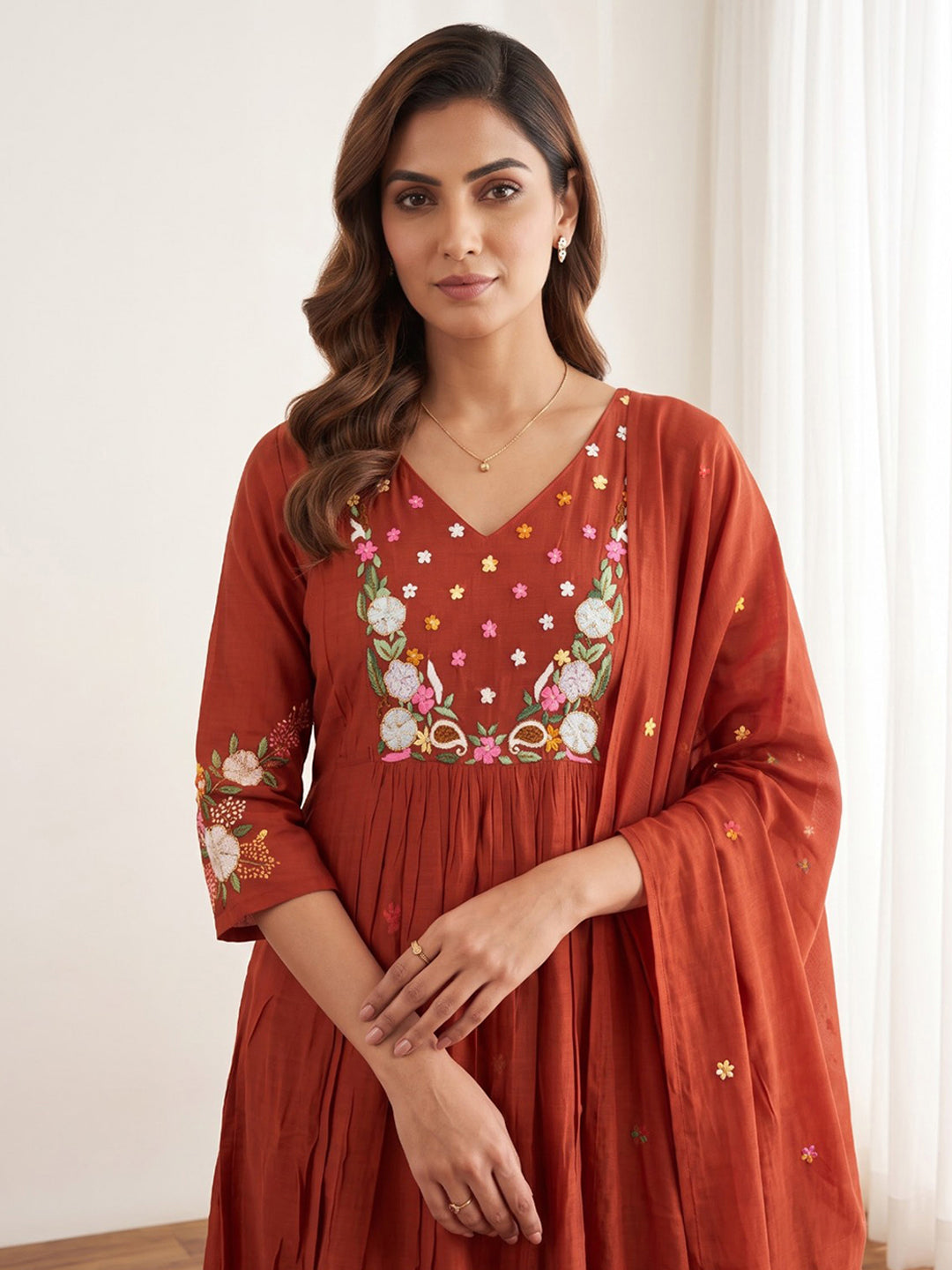 Maroon Printed Chanderi Kurta With Pant &amp; Dupatta
