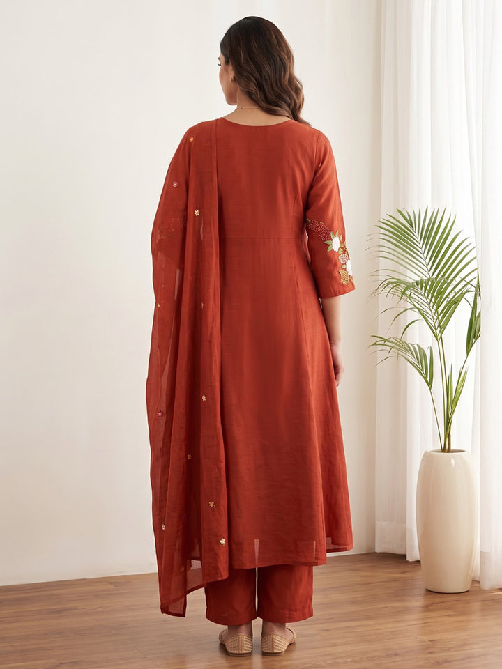 Maroon Printed Chanderi Kurta With Pant &amp; Dupatta
