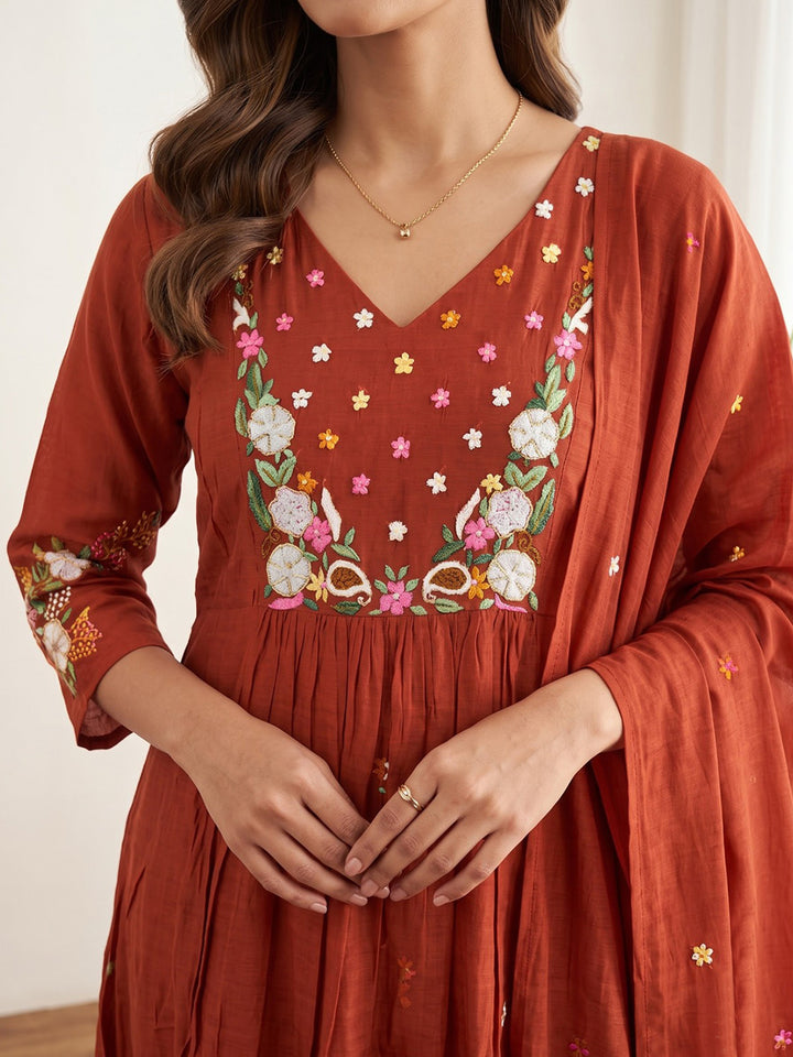Maroon Printed Chanderi Kurta With Pant &amp; Dupatta