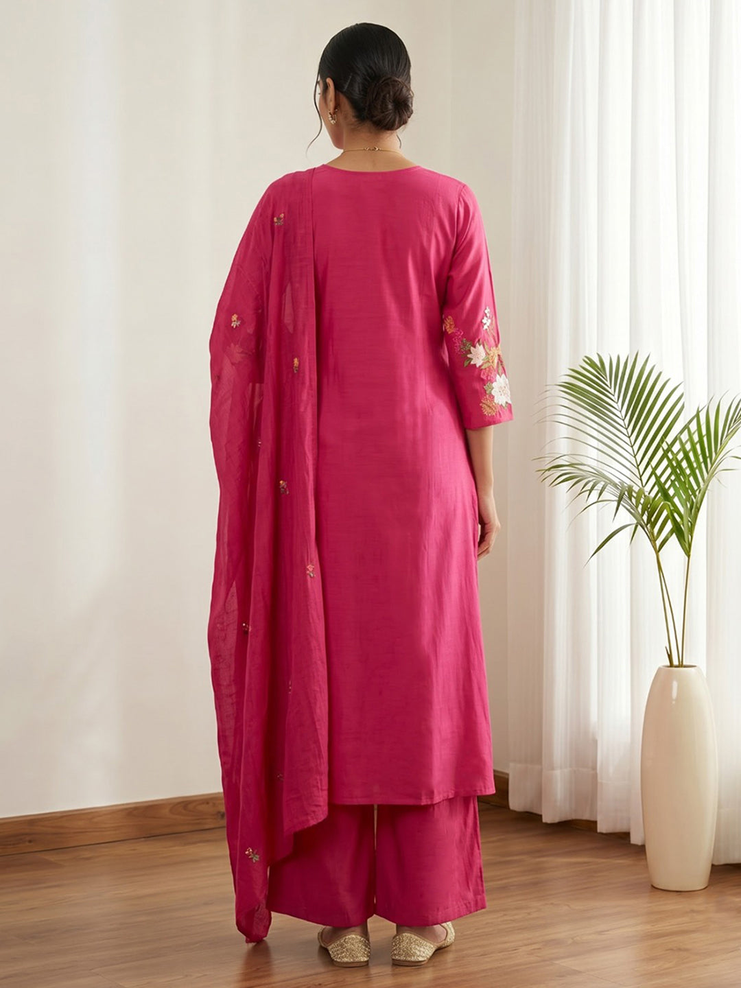 Pink Printed Chanderi Kurta With Pant &amp; Dupatta
