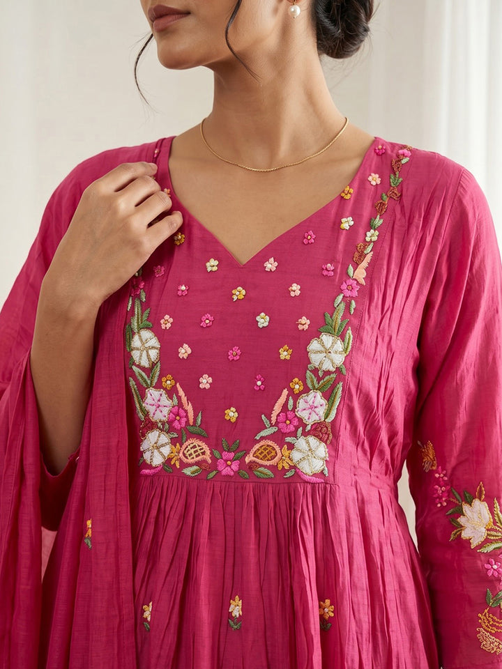 Pink Printed Chanderi Kurta With Pant &amp; Dupatta