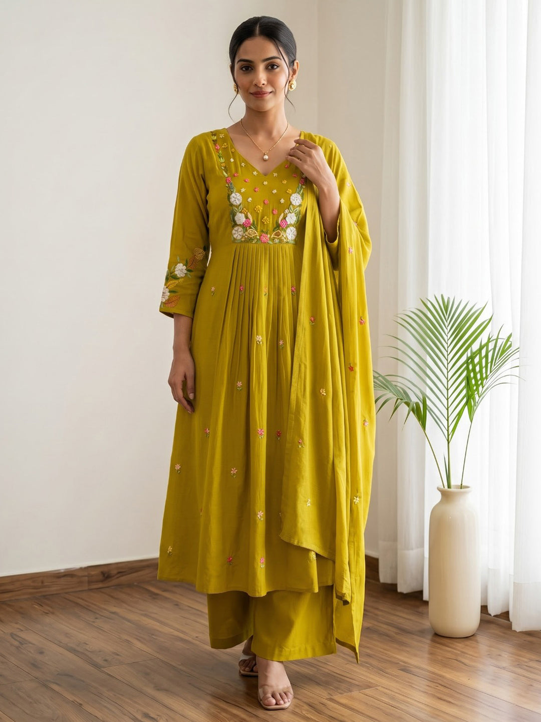 Yellow Printed Chanderi Kurta With Pant &amp; Dupatta