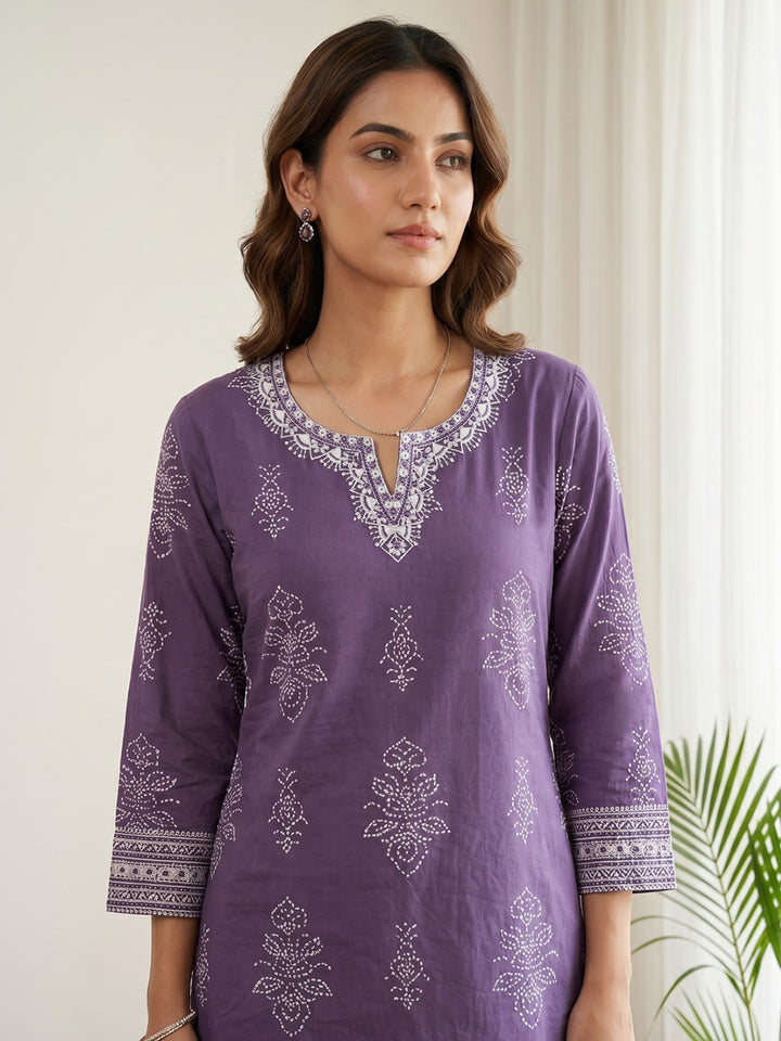 Purple Cotton Blend Round Neck Printed Kurta