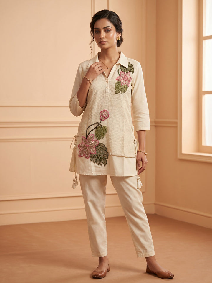 Cream Printed Cotton Blend V Neck Kurta Set