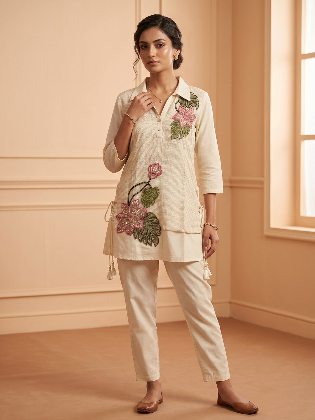 Cream Printed Cotton Blend V Neck Kurta Set
