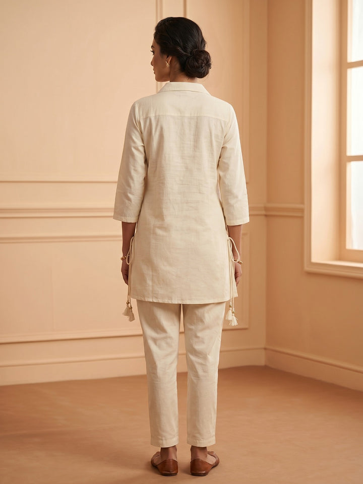 Cream Printed Cotton Blend V Neck Kurta Set