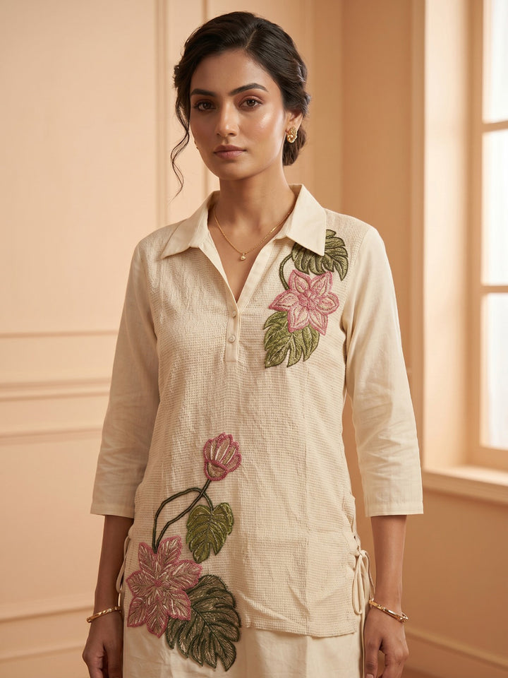 Cream Printed Cotton Blend V Neck Kurta Set