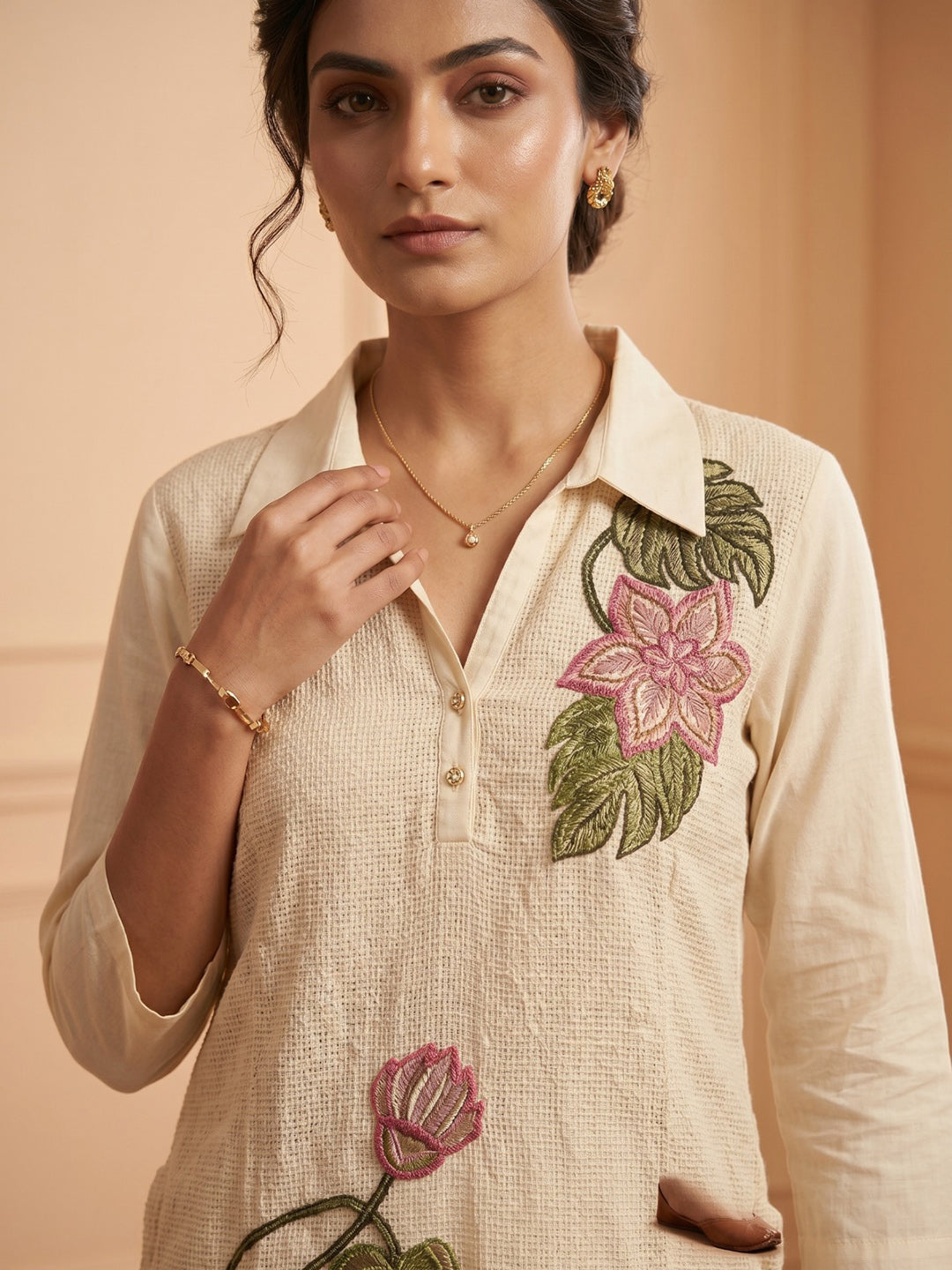 Cream Printed Cotton Blend V Neck Kurta Set
