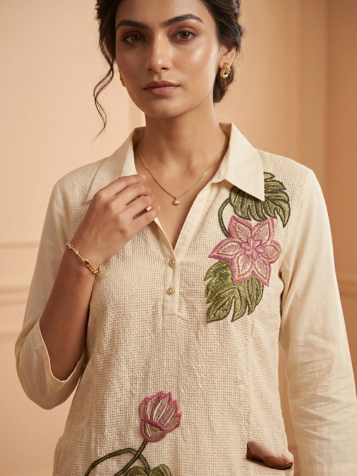 Cream Printed Cotton Blend V Neck Kurta Set
