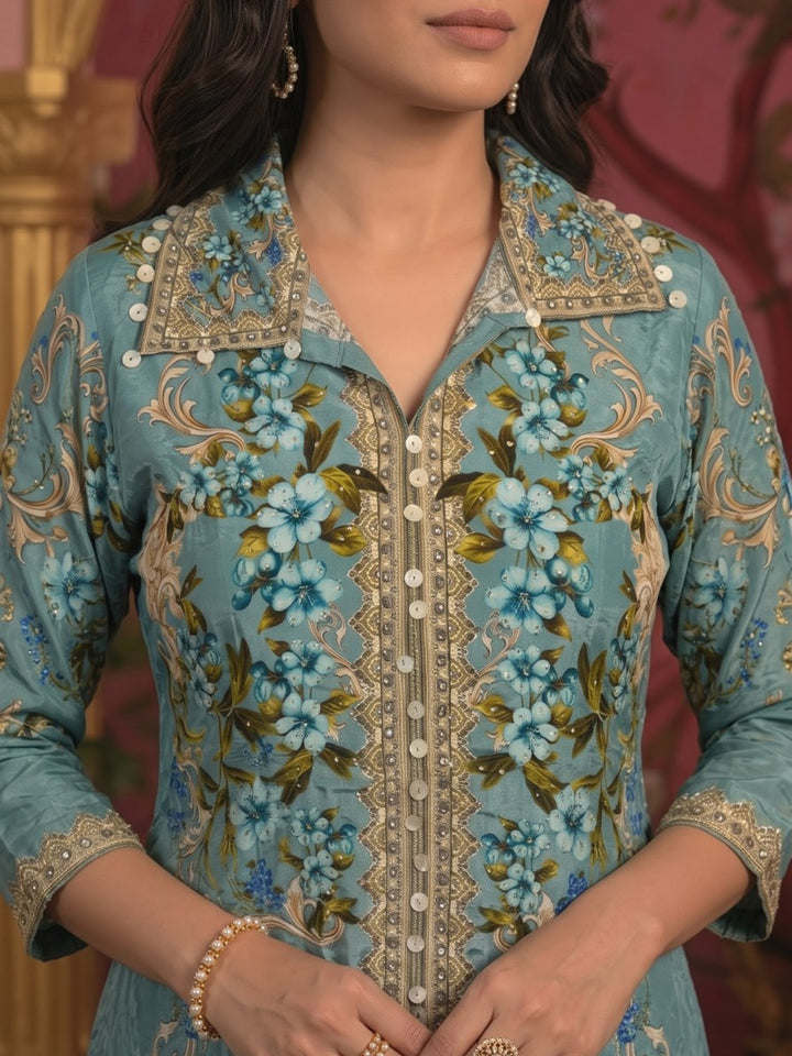 Grey Embroidered Crepe Kurta Set