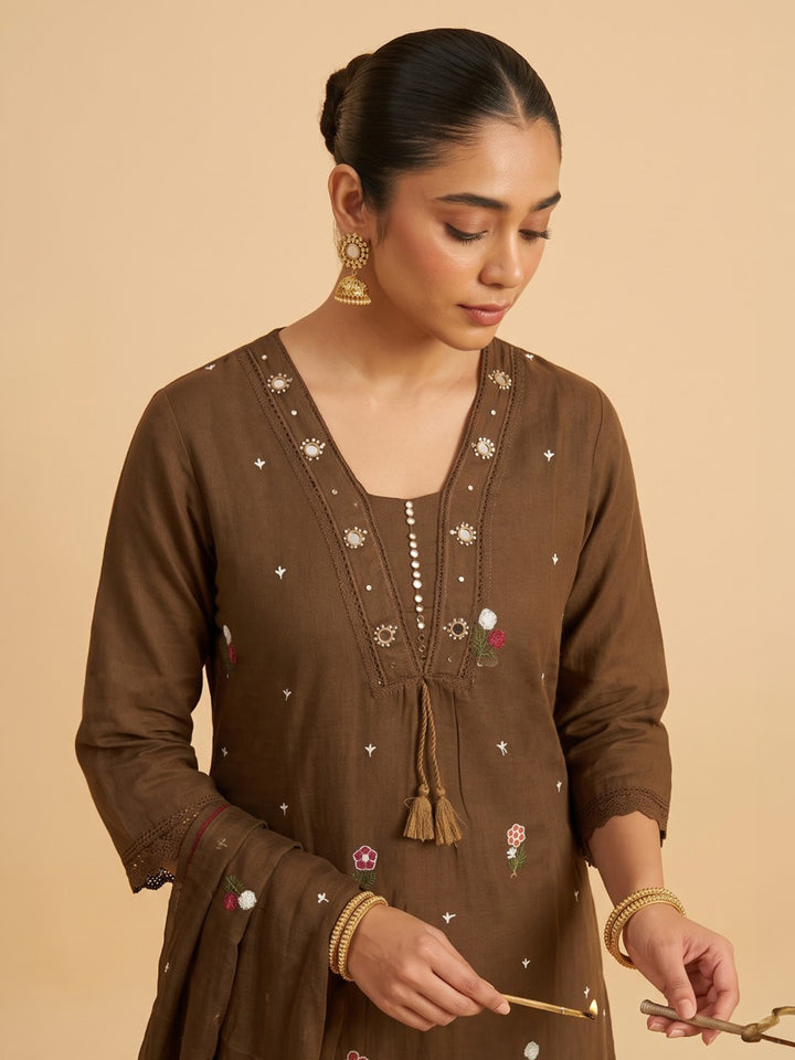 Brown Printed Cotton Blend Kurta With Pant &amp; Dupatta
