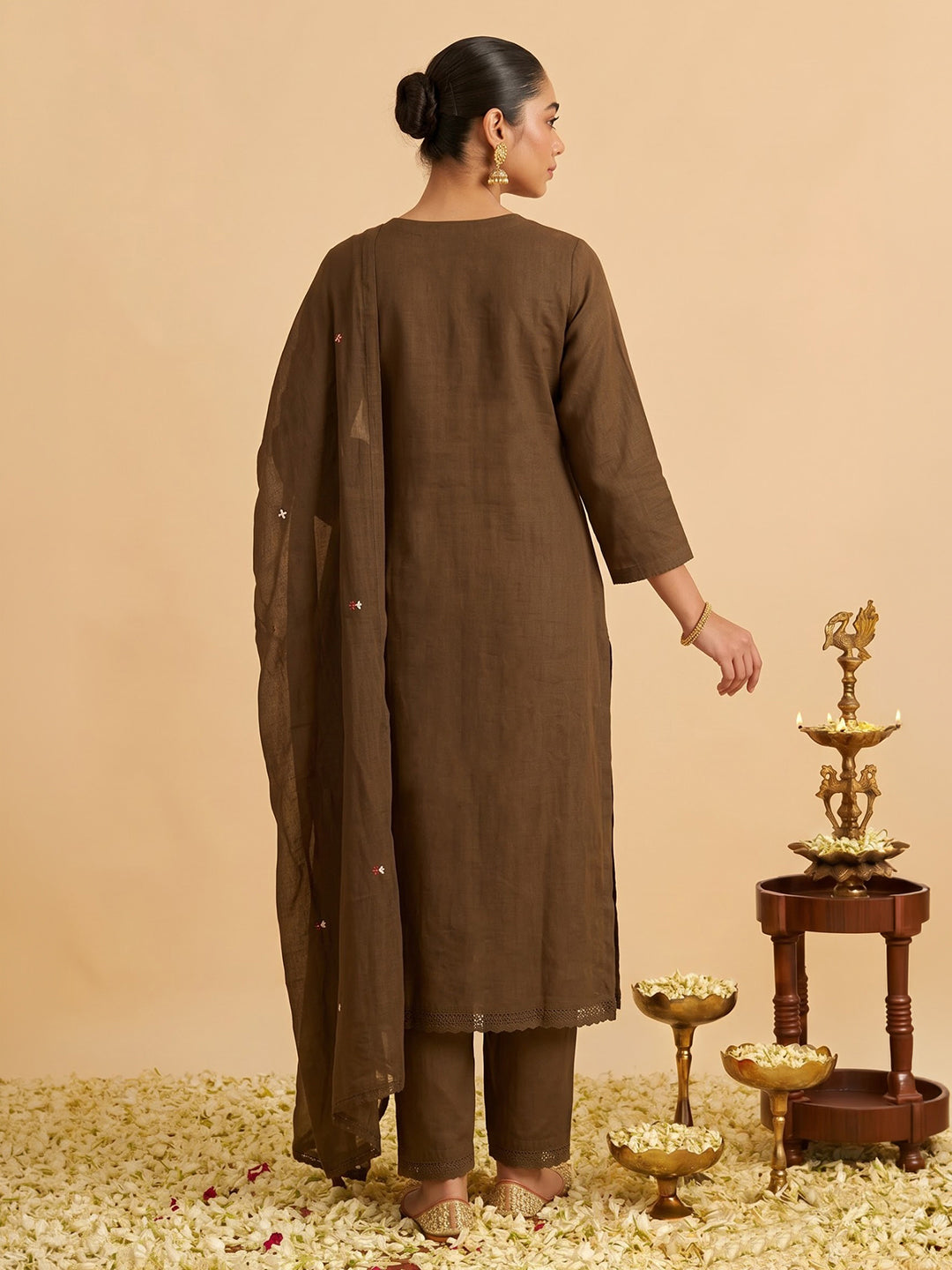 Brown Printed Cotton Blend Kurta With Pant &amp; Dupatta