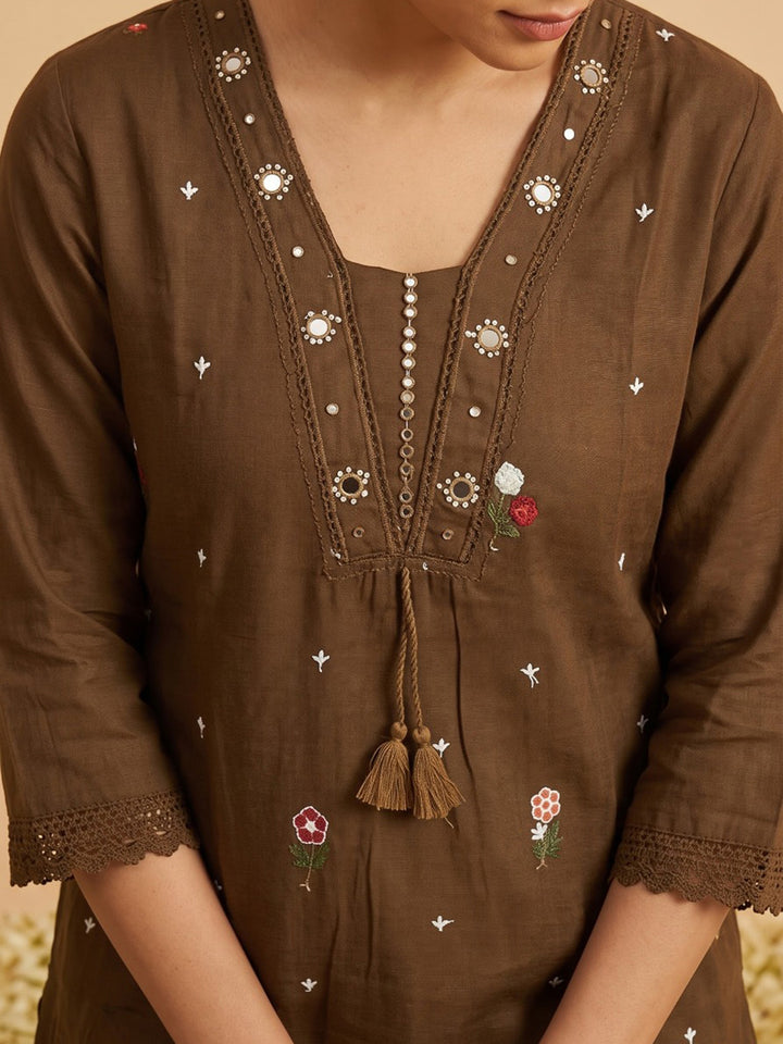 Brown Printed Cotton Blend Kurta With Pant &amp; Dupatta