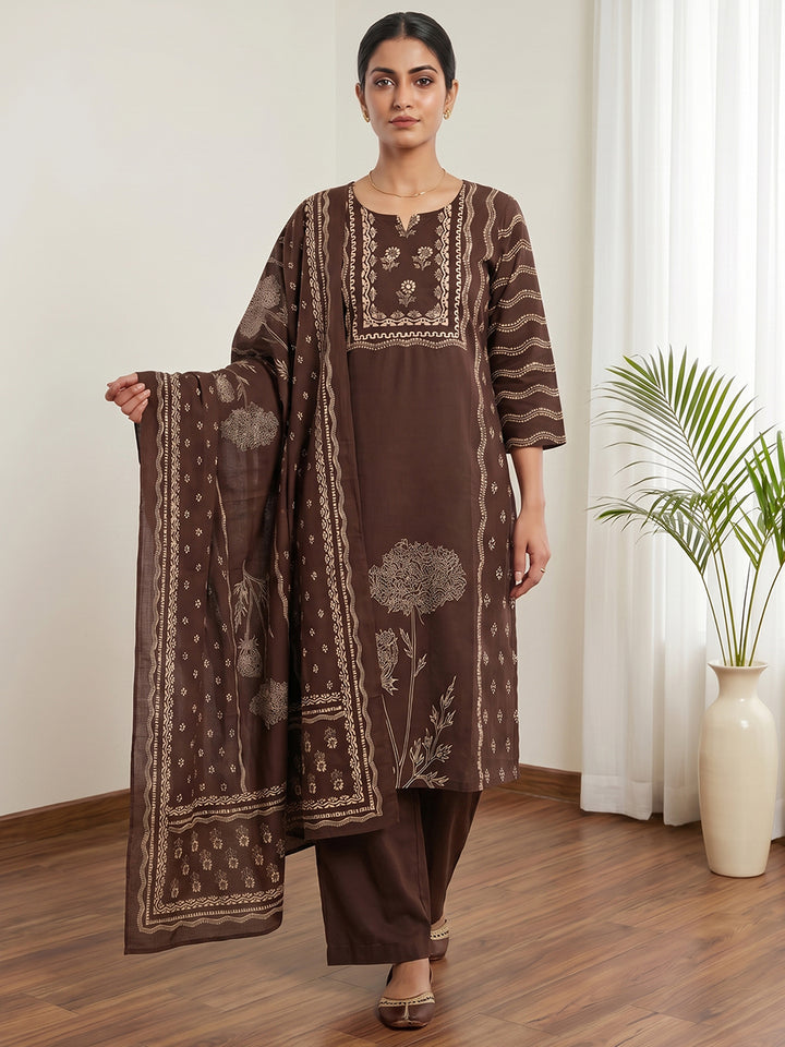 Brown Printed Cotton Blend Kurta With Pant &amp; Dupatta