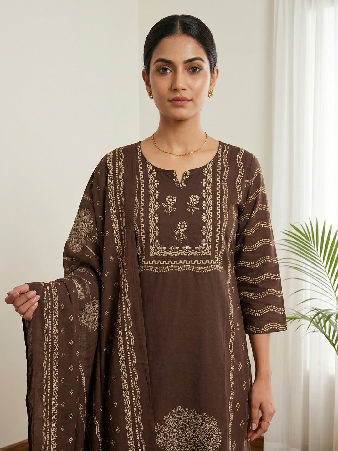 Brown Printed Cotton Blend Kurta With Pant &amp; Dupatta