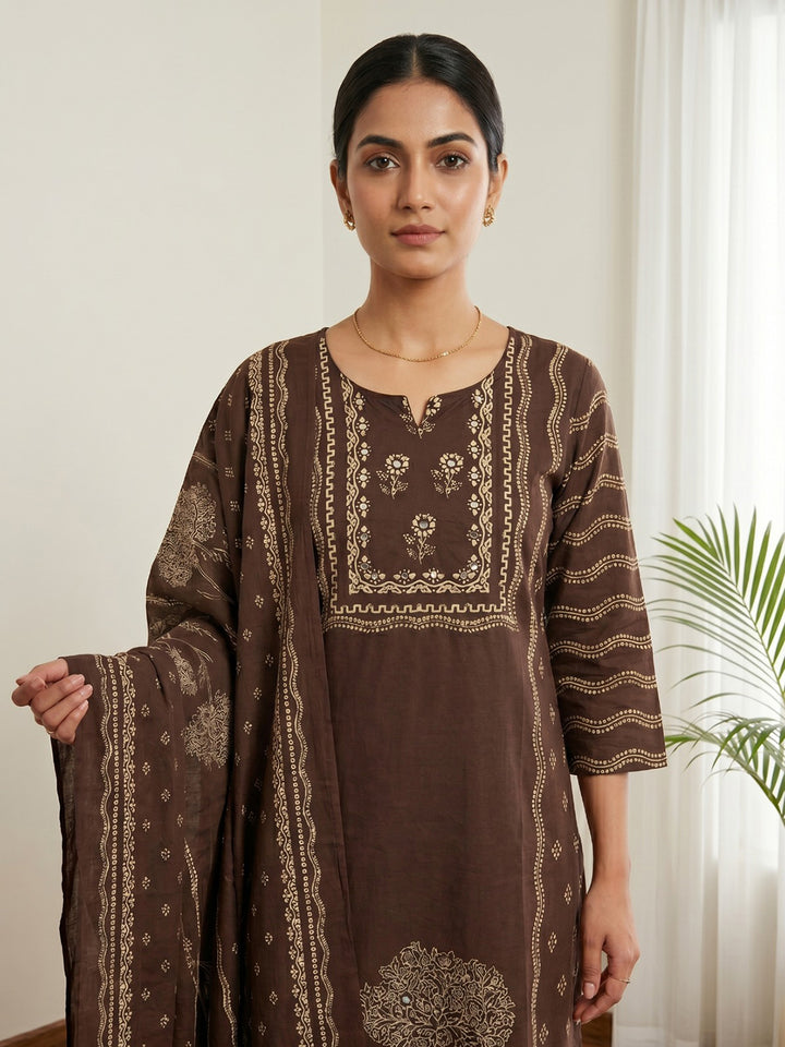 Brown Printed Cotton Blend Kurta With Pant &amp; Dupatta
