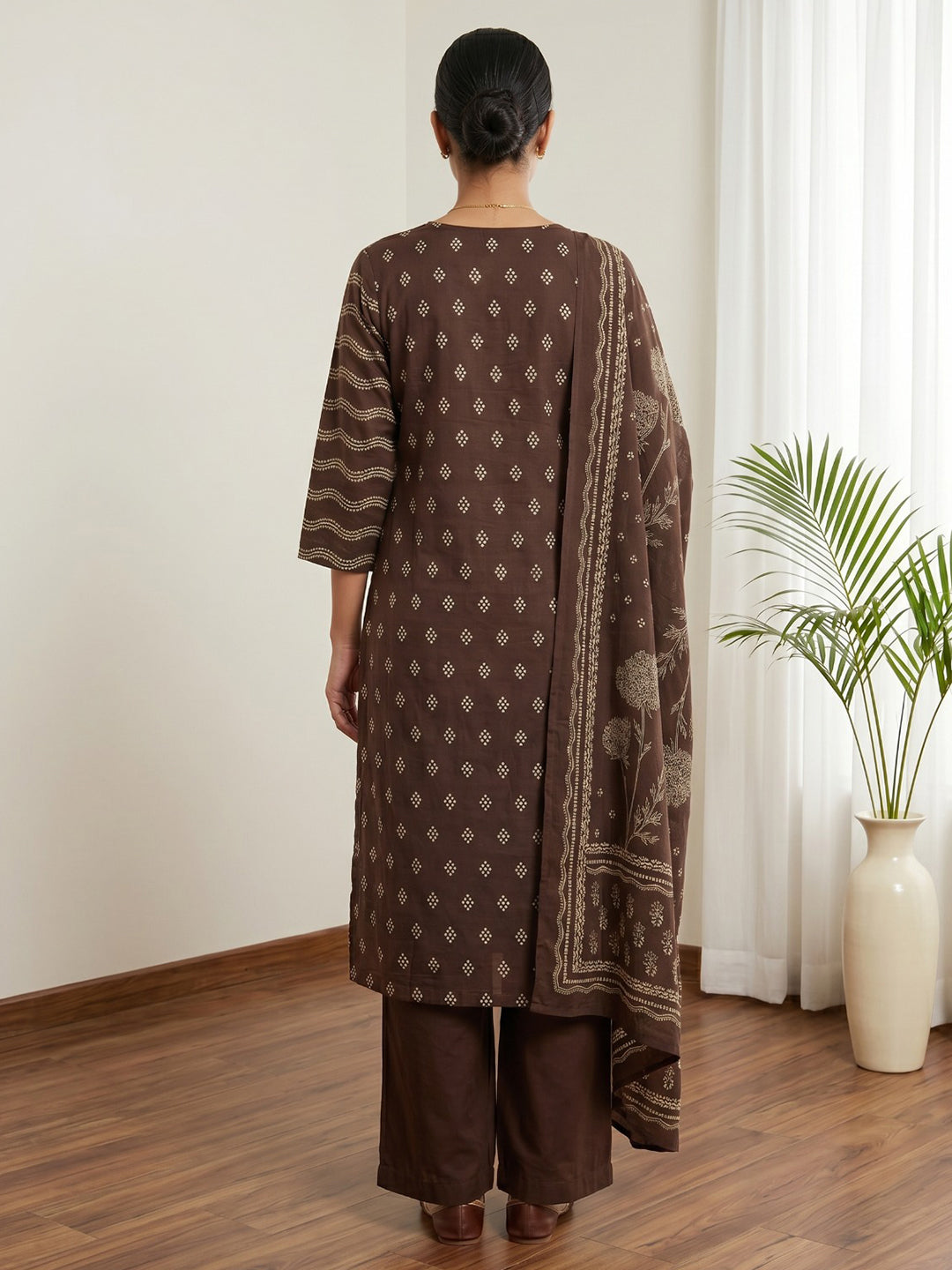 Brown Printed Cotton Blend Kurta With Pant &amp; Dupatta