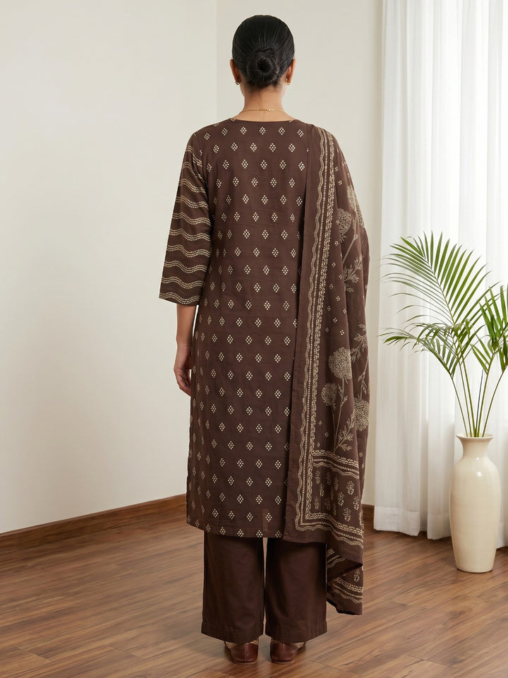 Brown Printed Cotton Blend Kurta With Pant &amp; Dupatta