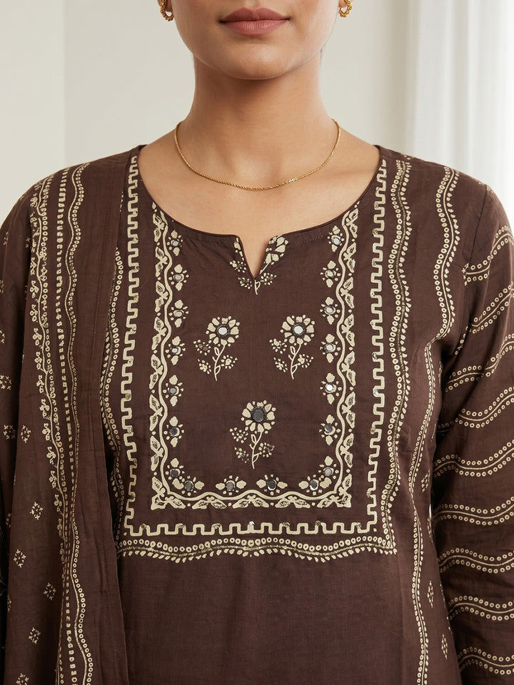 Brown Printed Cotton Blend Kurta With Pant &amp; Dupatta