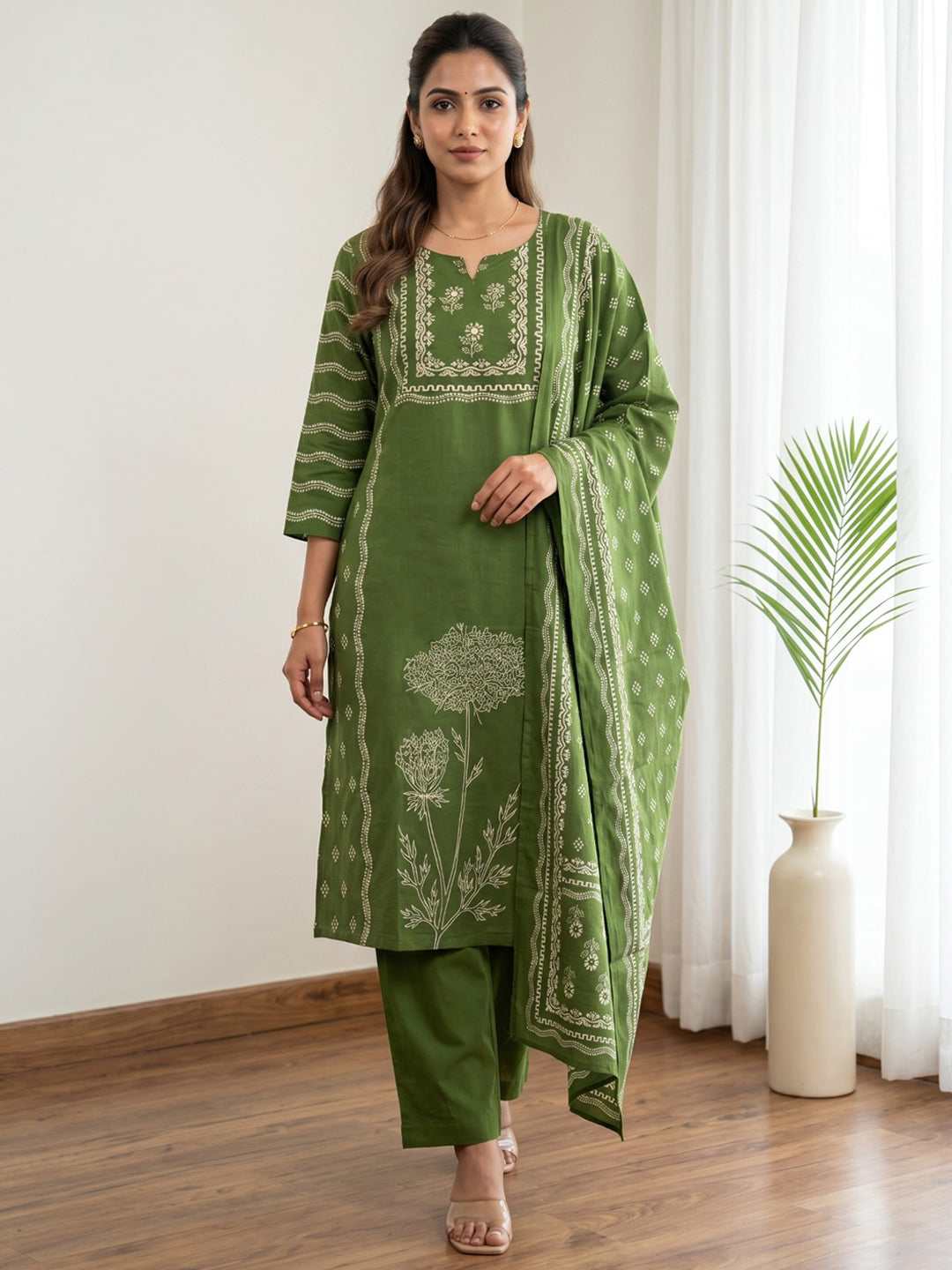 Green Printed Cotton Blend Kurta With Pant &amp; Dupatta