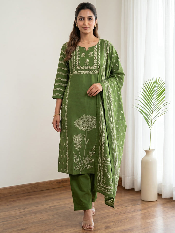 Green Printed Cotton Blend Kurta With Pant &amp; Dupatta