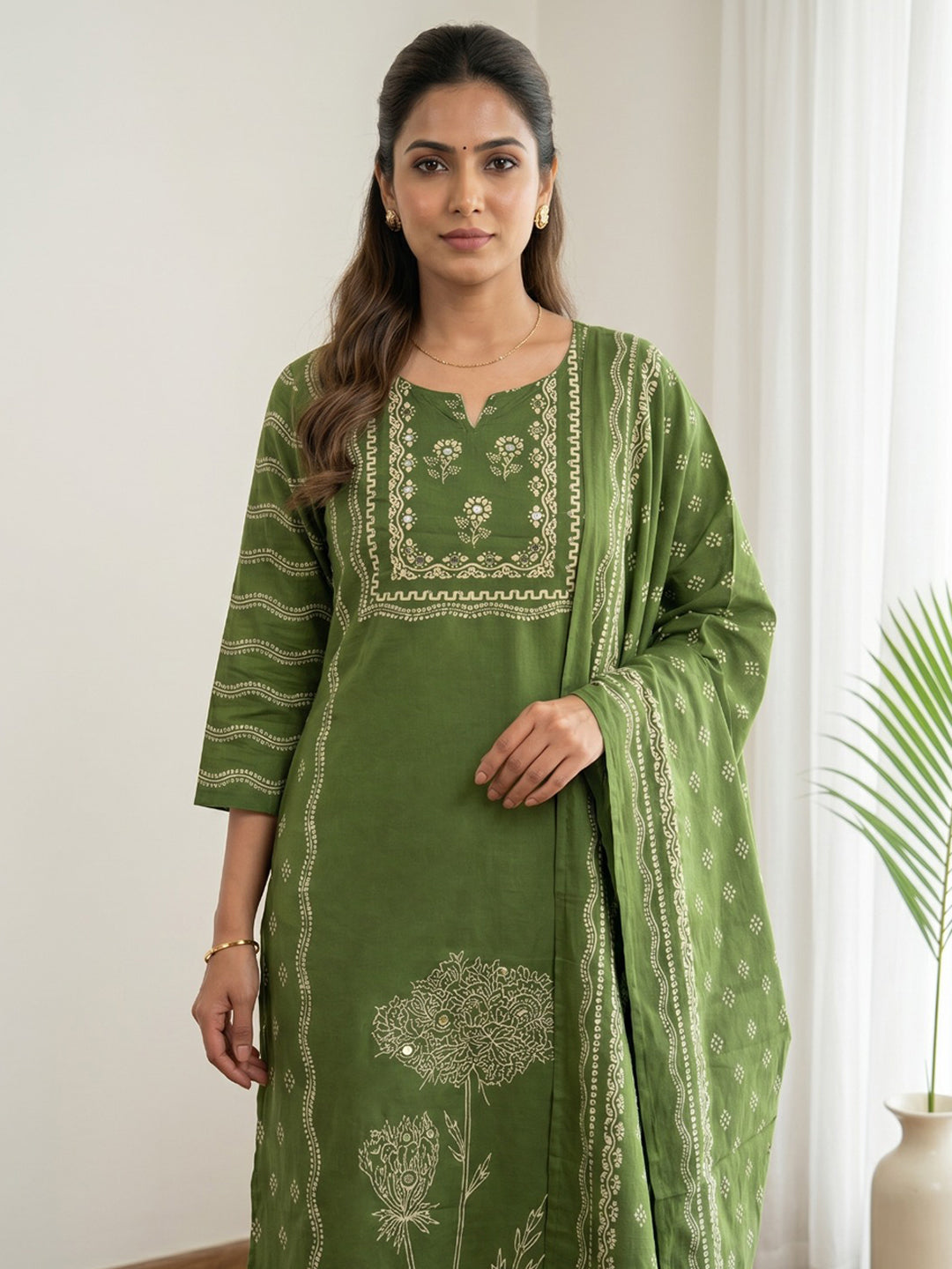 Green Printed Cotton Blend Kurta With Pant &amp; Dupatta