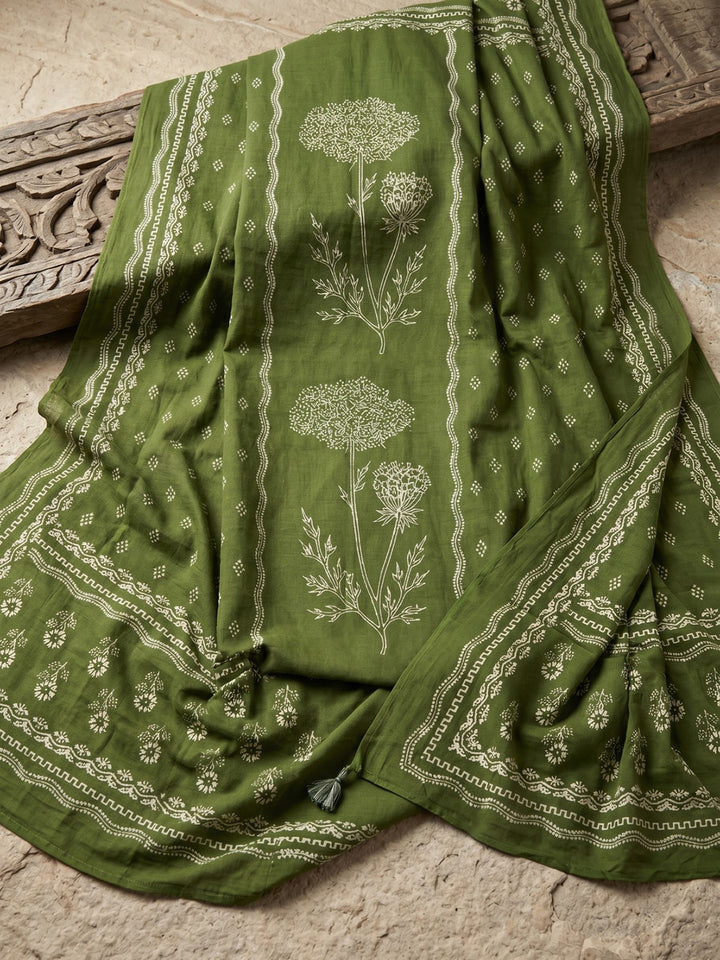 Green Printed Cotton Blend Kurta With Pant &amp; Dupatta