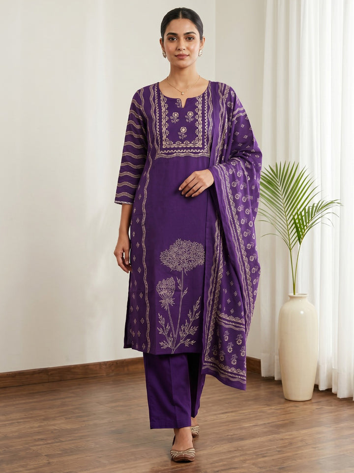 Purple Printed Cotton Blend Kurta With Pant &amp; Dupatta