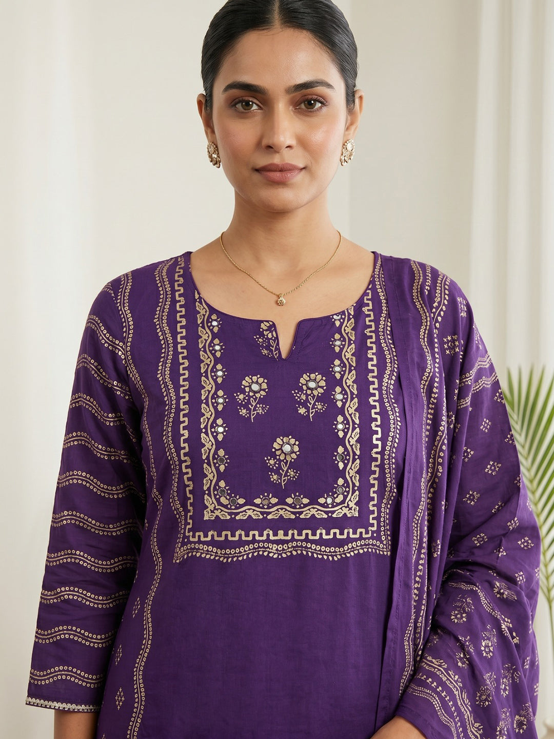 Purple Printed Cotton Blend Kurta With Pant &amp; Dupatta
