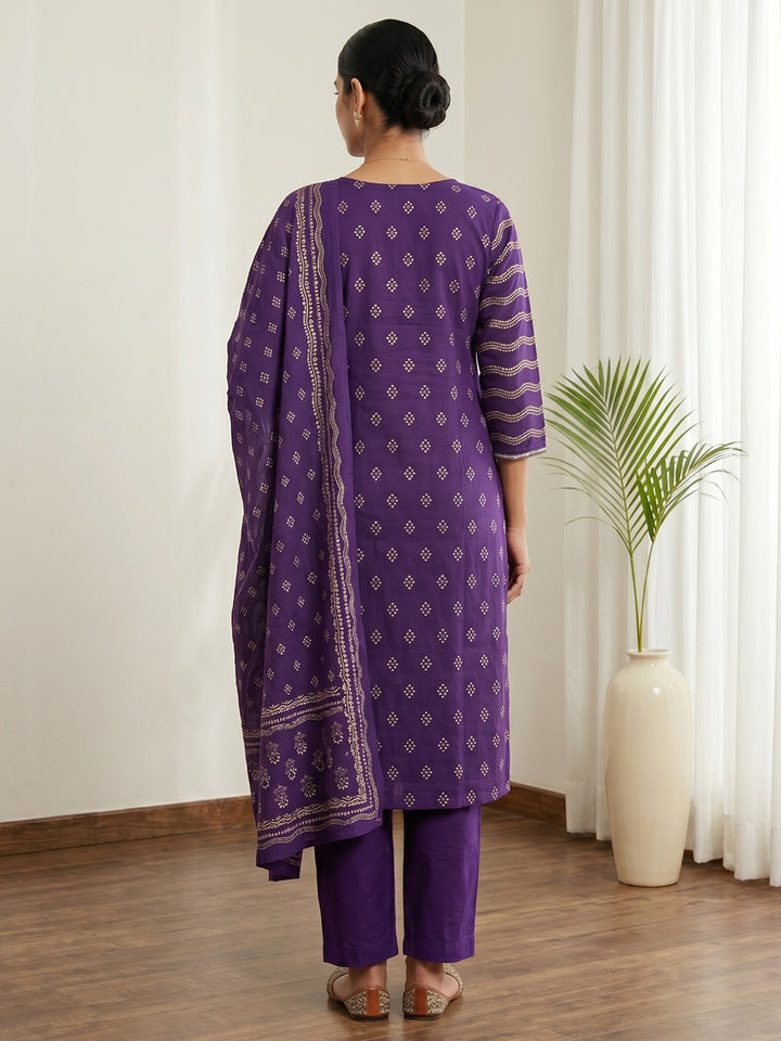 Purple Printed Cotton Blend Kurta With Pant &amp; Dupatta