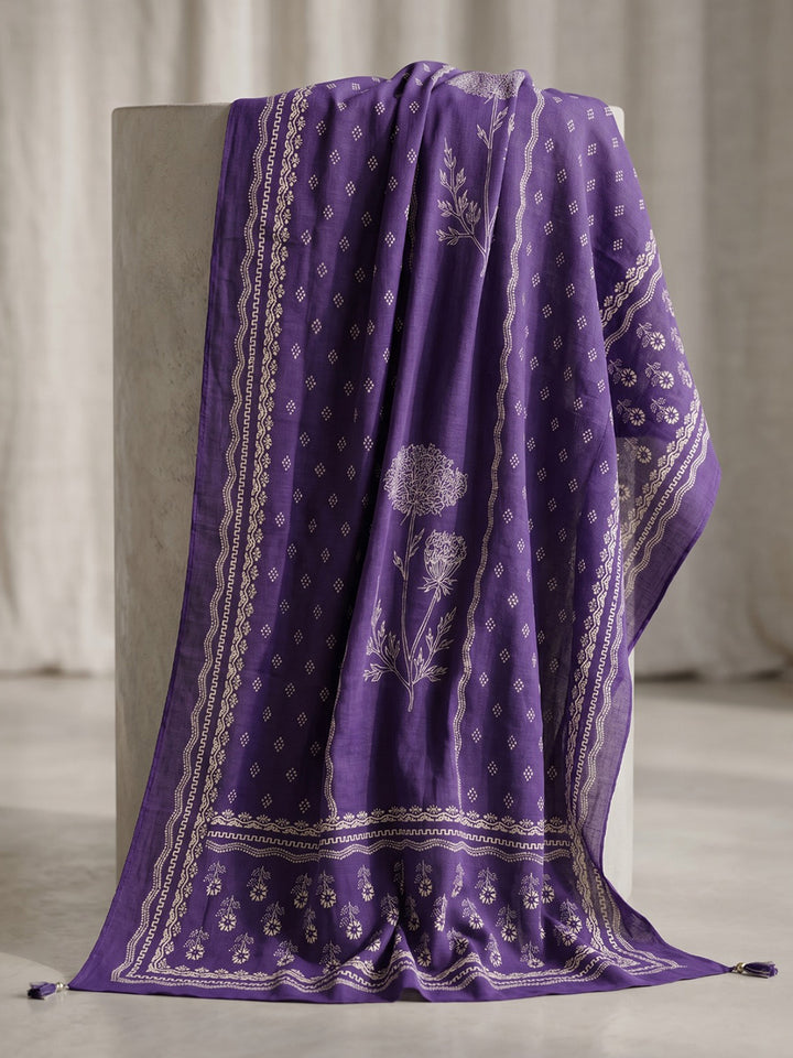 Purple Printed Cotton Blend Kurta With Pant &amp; Dupatta