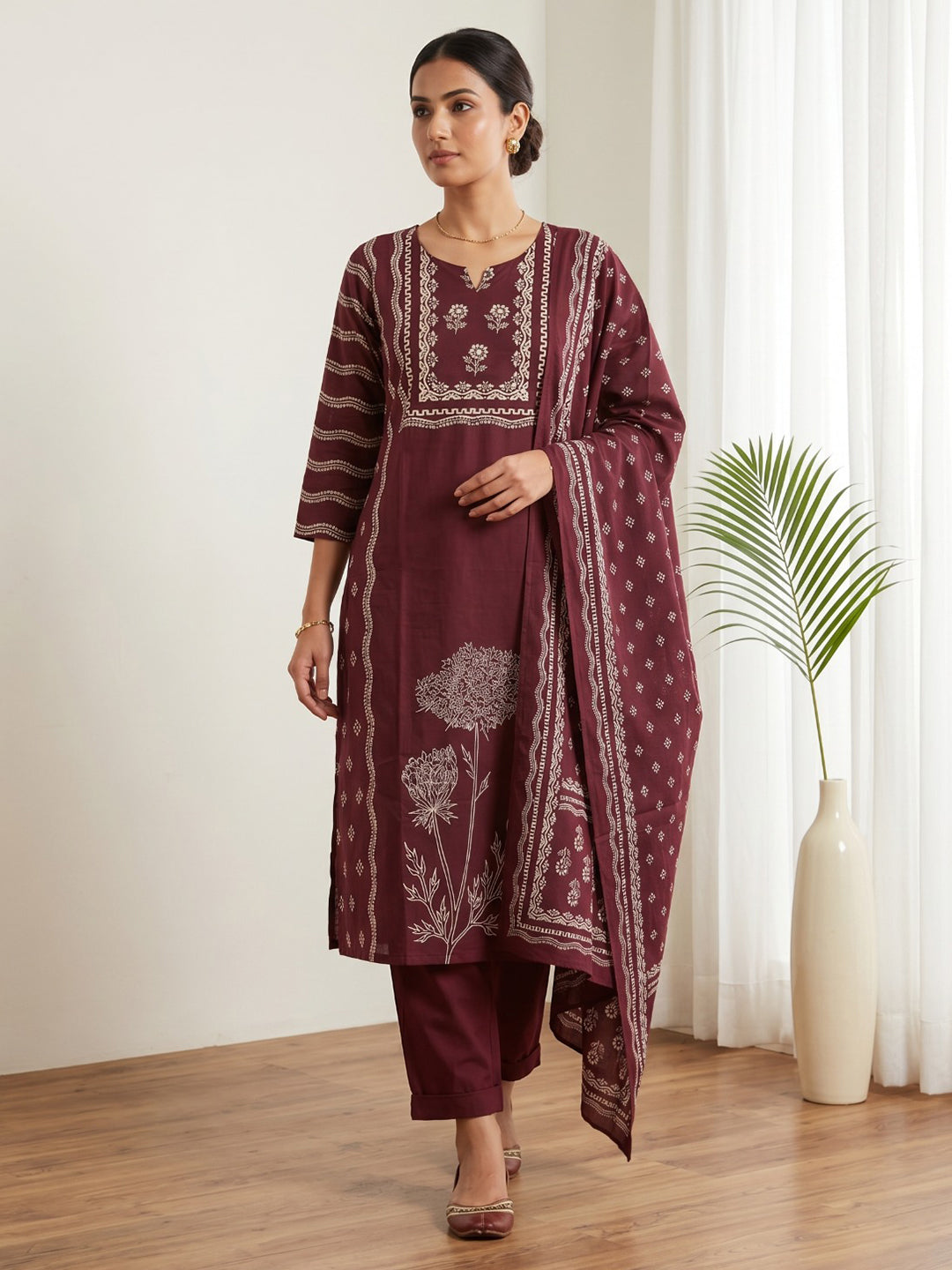 Wine Printed Cotton Blend Kurta With Pant &amp; Dupatta