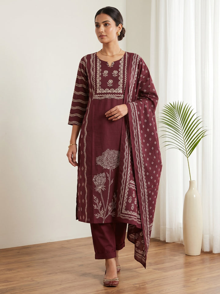 Wine Printed Cotton Blend Kurta With Pant &amp; Dupatta