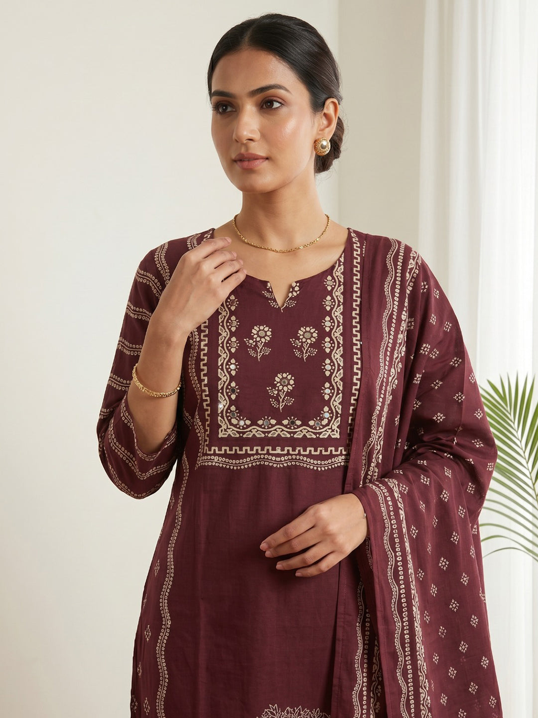 Wine Printed Cotton Blend Kurta With Pant &amp; Dupatta