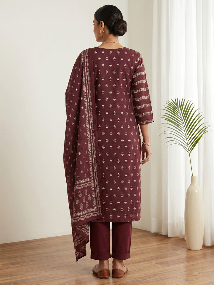 Wine Printed Cotton Blend Kurta With Pant &amp; Dupatta