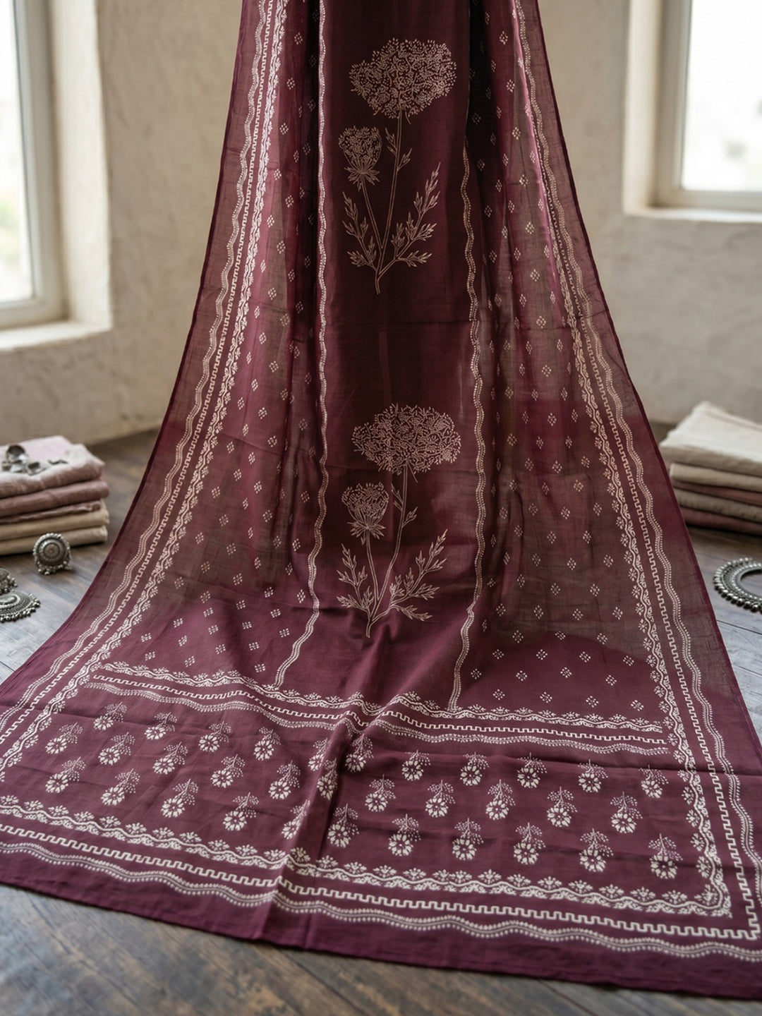 Wine Printed Cotton Blend Kurta With Pant &amp; Dupatta