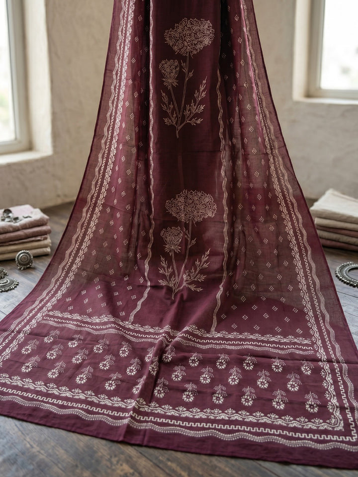 Wine Printed Cotton Blend Kurta With Pant &amp; Dupatta