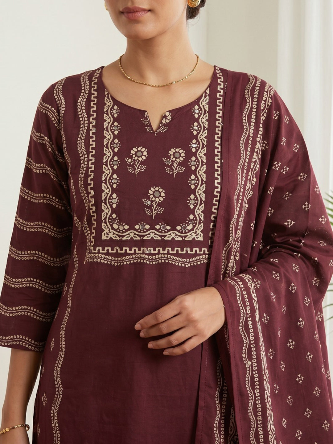 Wine Printed Cotton Blend Kurta With Pant &amp; Dupatta