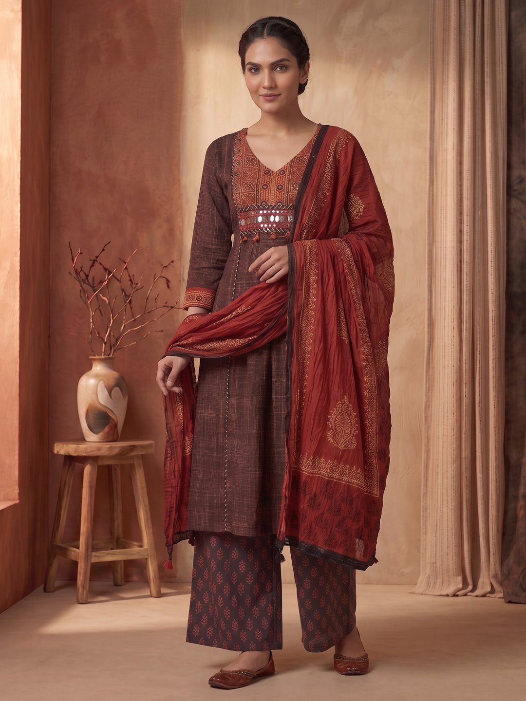 Brown Printed Cotton Blend Kurta With Pant &amp; Dupatta