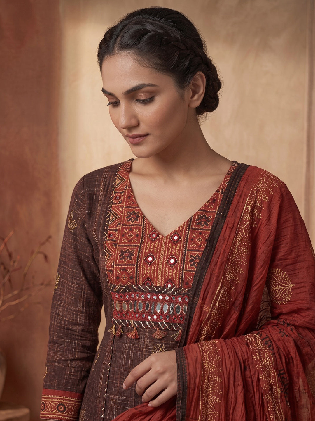 Brown Printed Cotton Blend Kurta With Pant &amp; Dupatta