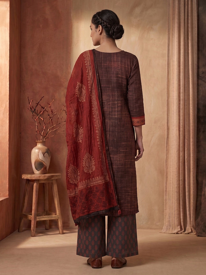 Brown Printed Cotton Blend Kurta With Pant &amp; Dupatta