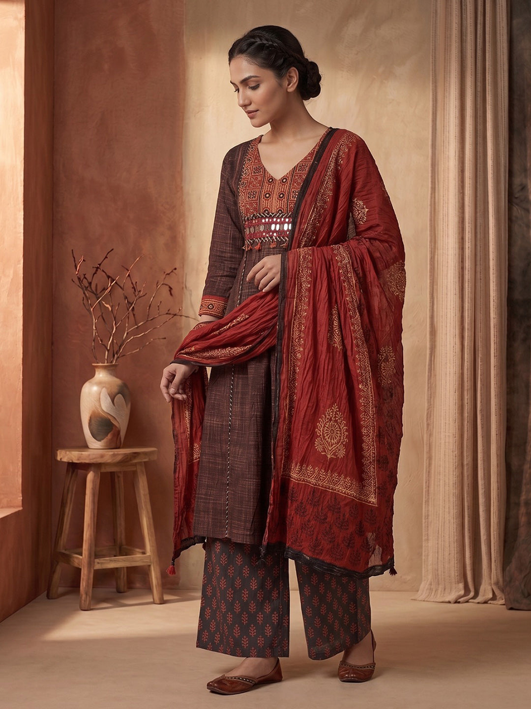 Brown Printed Cotton Blend Kurta With Pant &amp; Dupatta