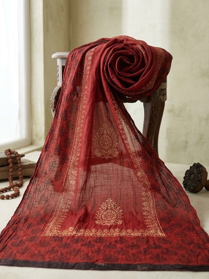 Brown Printed Cotton Blend Kurta With Pant &amp; Dupatta