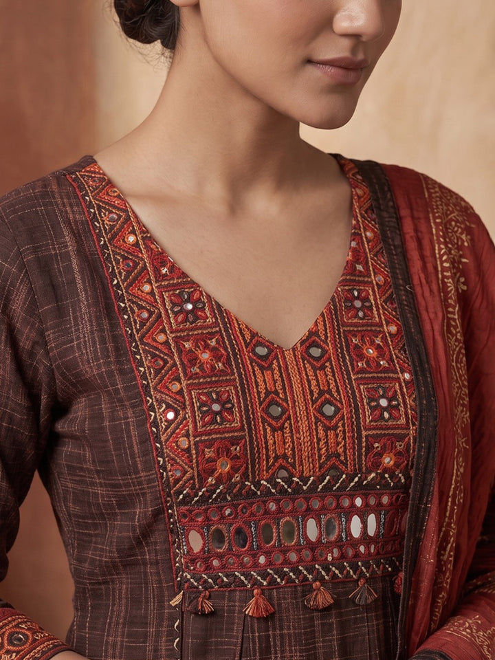 Brown Printed Cotton Blend Kurta With Pant &amp; Dupatta